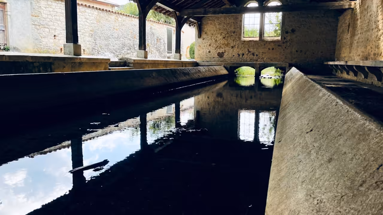 Bassin extérieur municipal vide, lignes d’eau retirées, entouré de gradins et d’arbres
