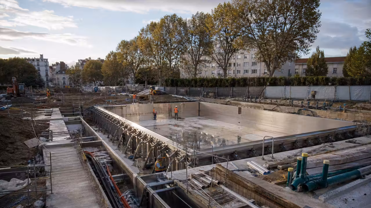 Chantier d’une piscine municipale avec bassin extérieur en construction et structures techniques à Caudéran