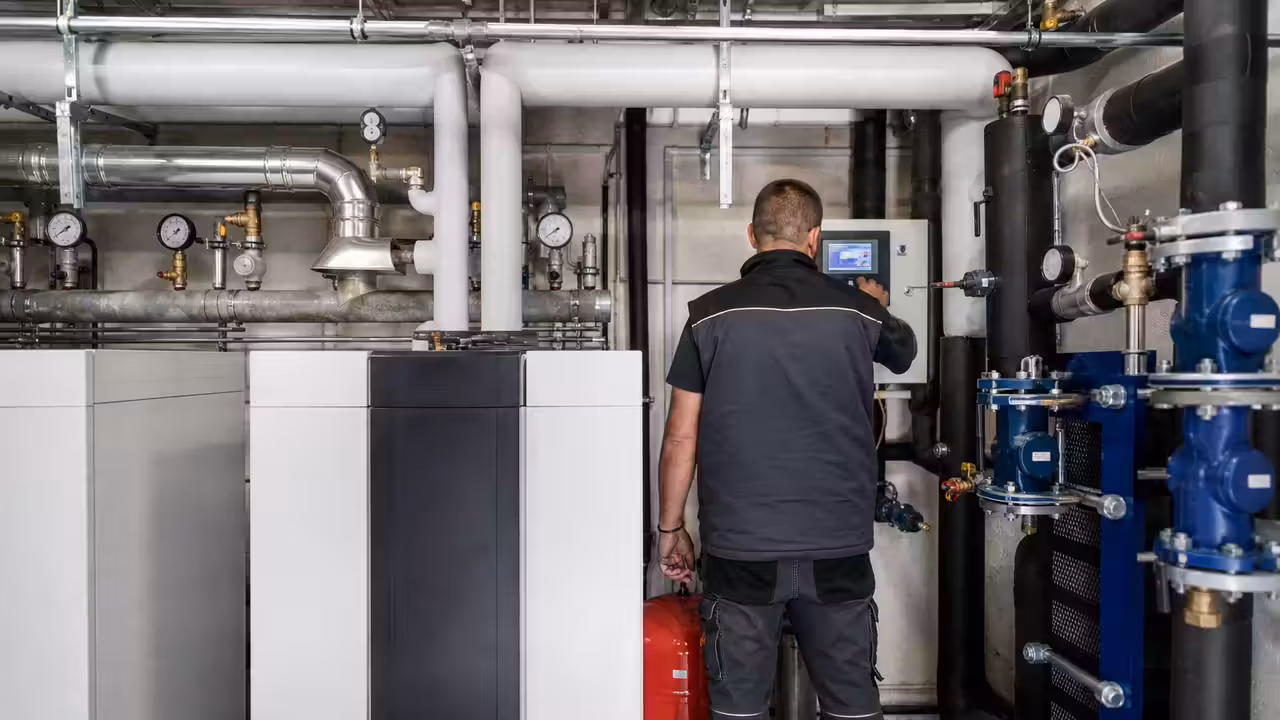 Local technique d’un centre aquatique avec chaudières et réseaux isolés alimentant les bassins.