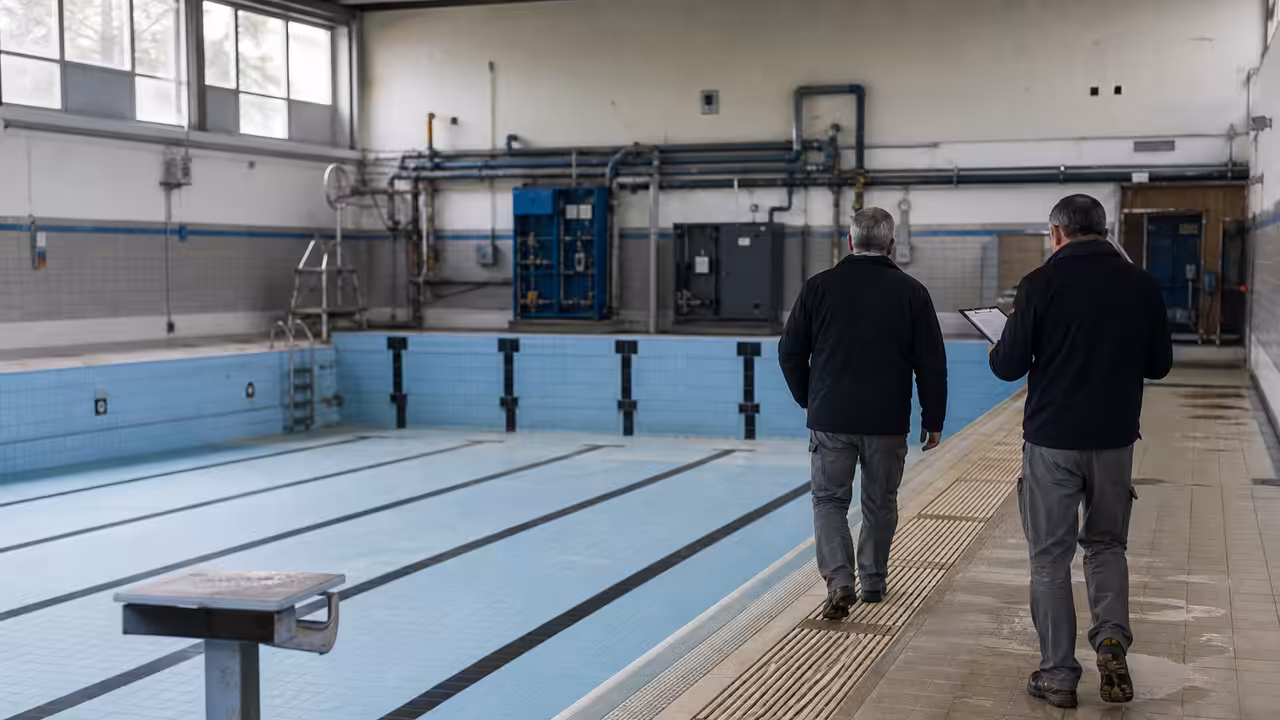 Bassin municipal vide avec couloirs de nage et installations techniques inspectées avant réouverture