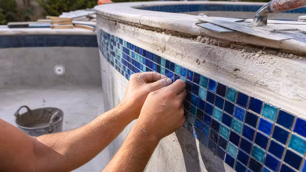 Mosaïque bleu profond en cours de pose sur la paroi courbe d’une piscine en rénovation