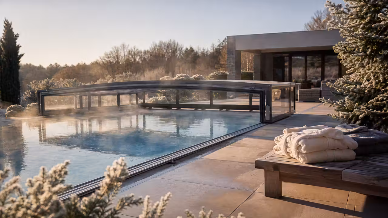 Piscine extérieure chauffée et couverte en hiver, avec terrasse sèche et végétation givrée en arrière-plan