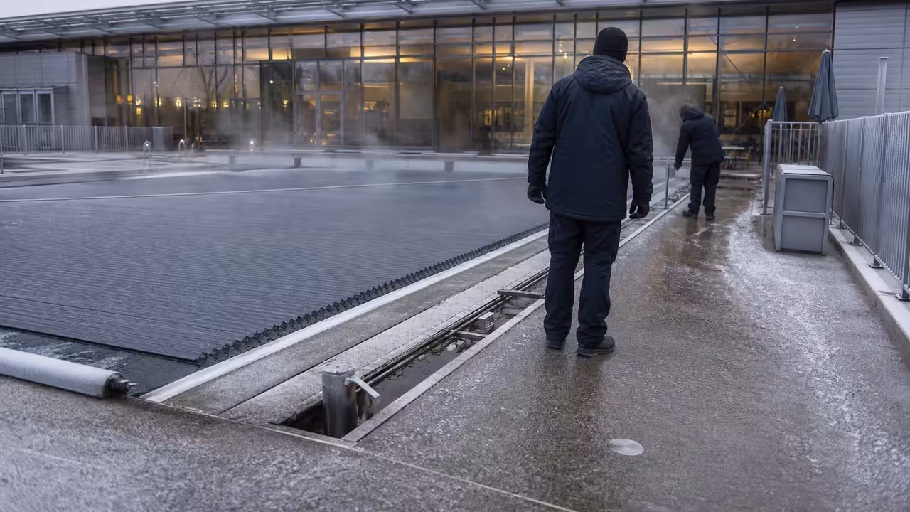 Bassin extérieur d’un centre aquatique couvert par une protection thermique lors d’une froide journée d’hiver