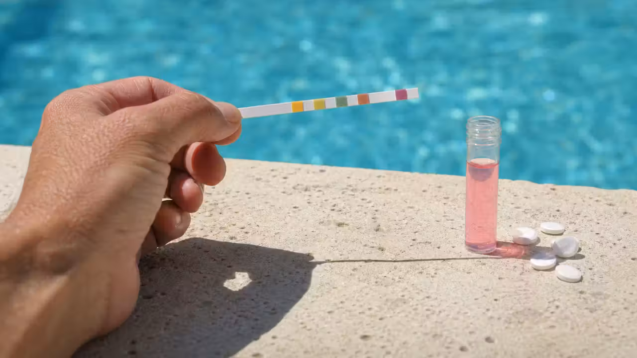 Main tenant une bandelette d'analyse et un testeur à pastilles au bord d'une piscine, eau bleue en arrière-plan