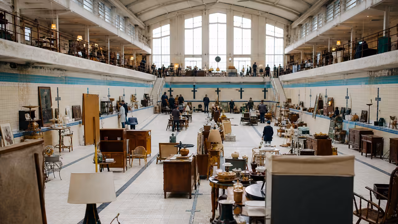 Ancien bassin municipal vidé et réaménagé en espace de brocante avec meubles et objets d’occasion