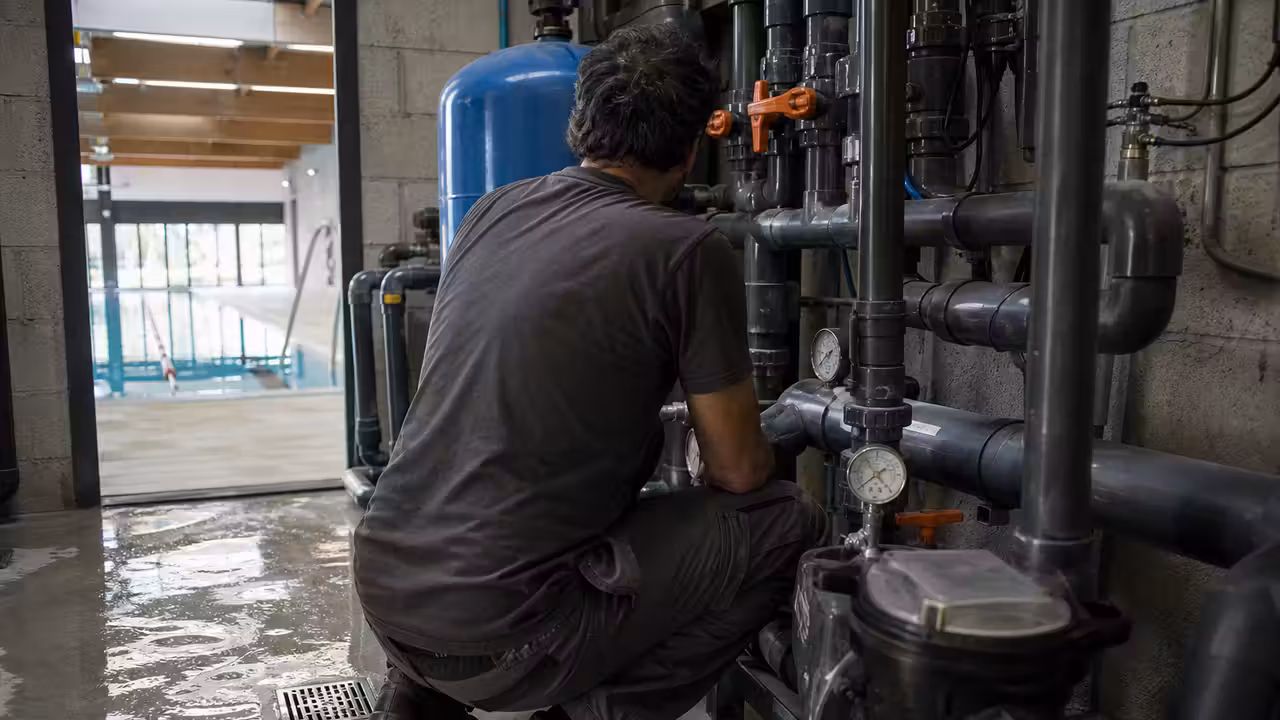 Technicien inspectant les canalisations d’un local technique de piscine municipale après un incident d’eau