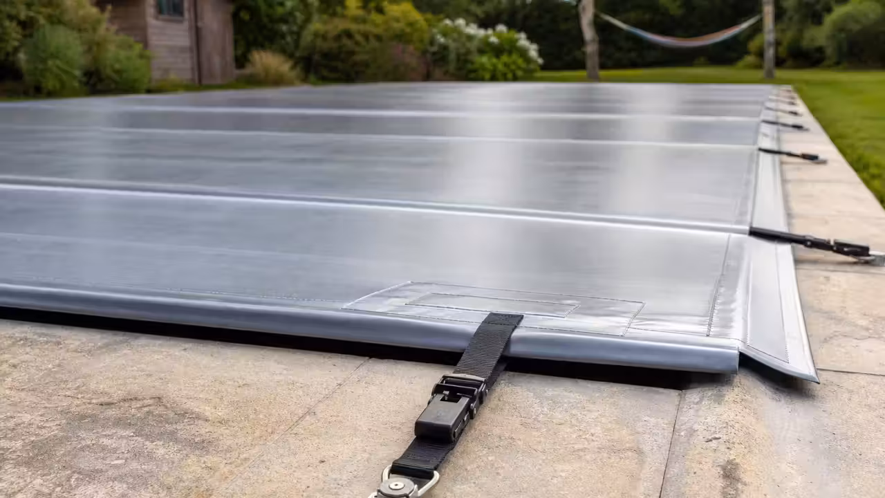 Bâche à barres tendue au-dessus d'une piscine, sangles d'ancrage visibles sur la margelle