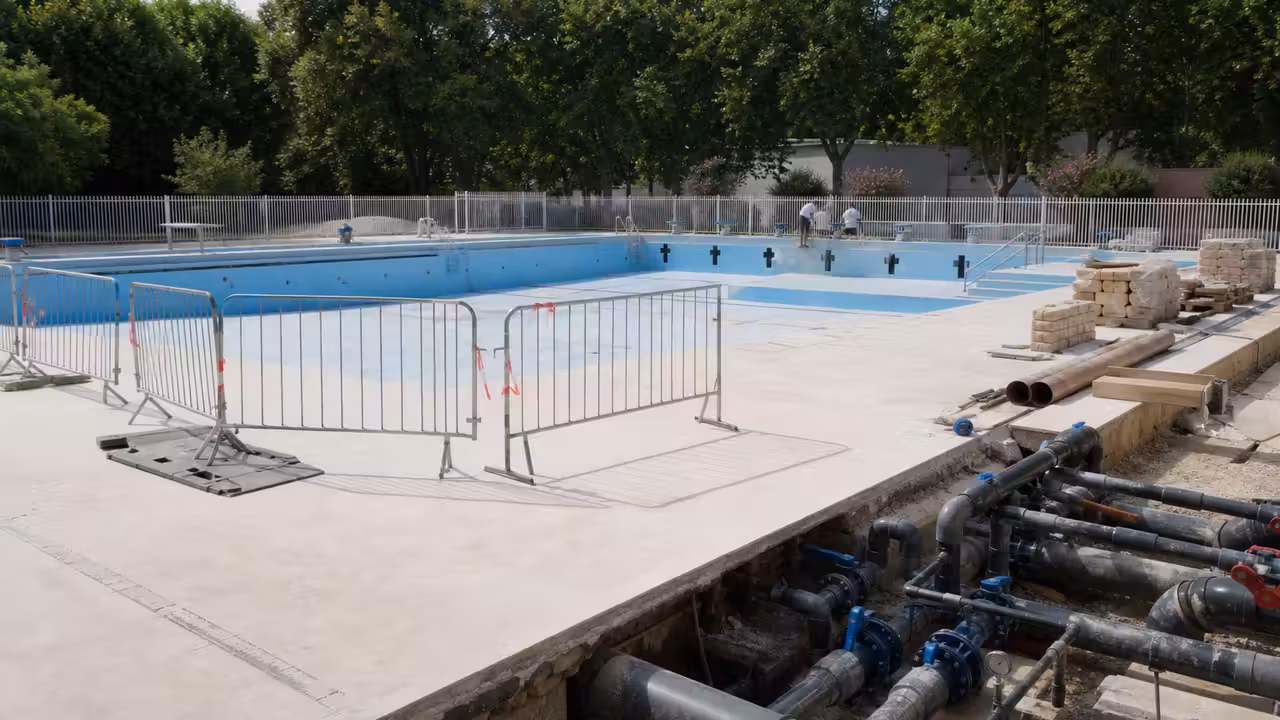 Bassin extérieur municipal en rénovation avec plages minérales, équipements techniques et zones de chantier sécurisées