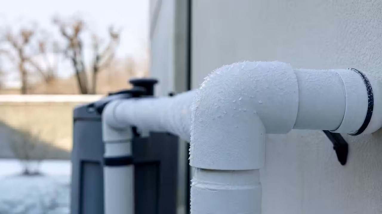 Canalisation PVC de piscine givrée en extérieur, cristaux de glace visibles sur le tuyau par temps froid