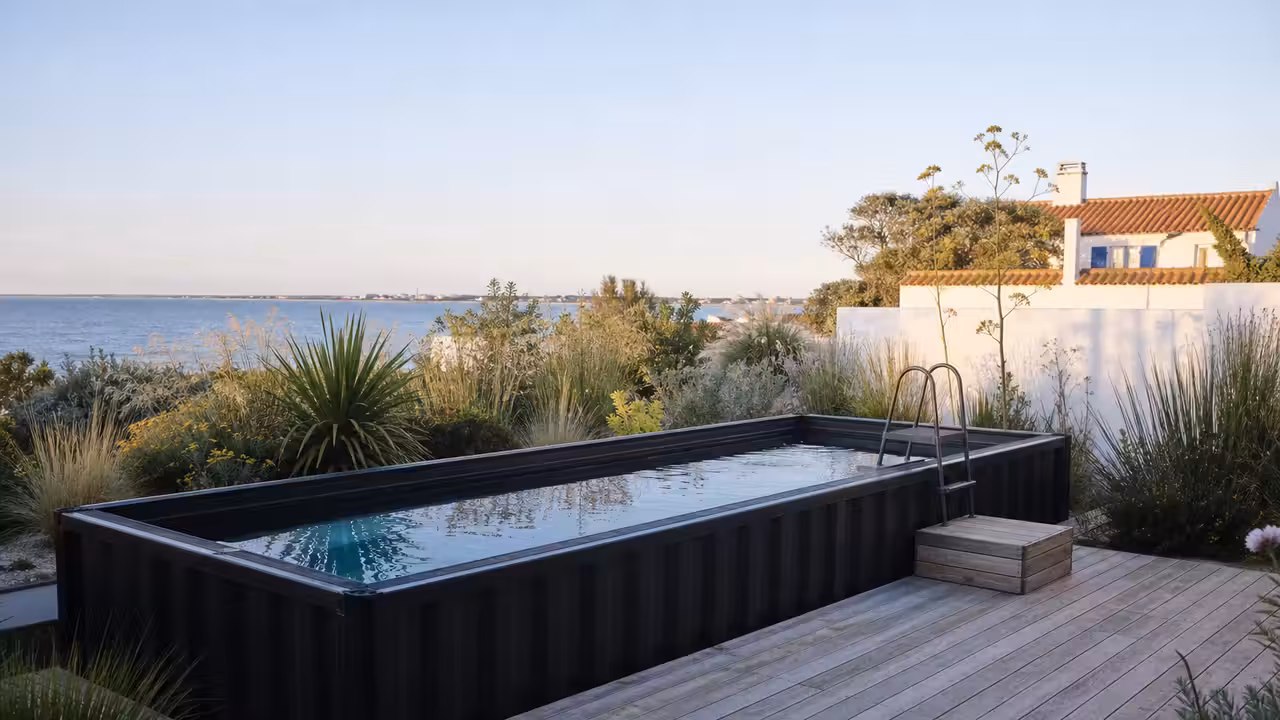 Piscine conteneur en acier installée sur une terrasse bois dans un jardin côtier lumineux