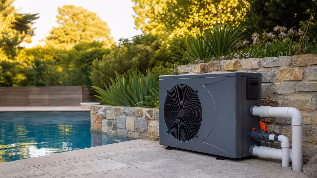 Pompe à chaleur installée près d’une piscine, reliée au circuit de filtration sur une terrasse extérieure