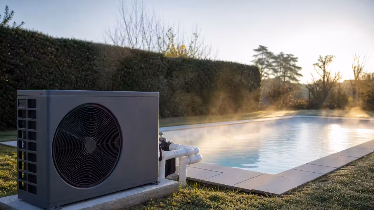 Pompe à chaleur de piscine sur sa dalle au bord d’un bassin, vapeur légère au-dessus de l’eau au petit matin
