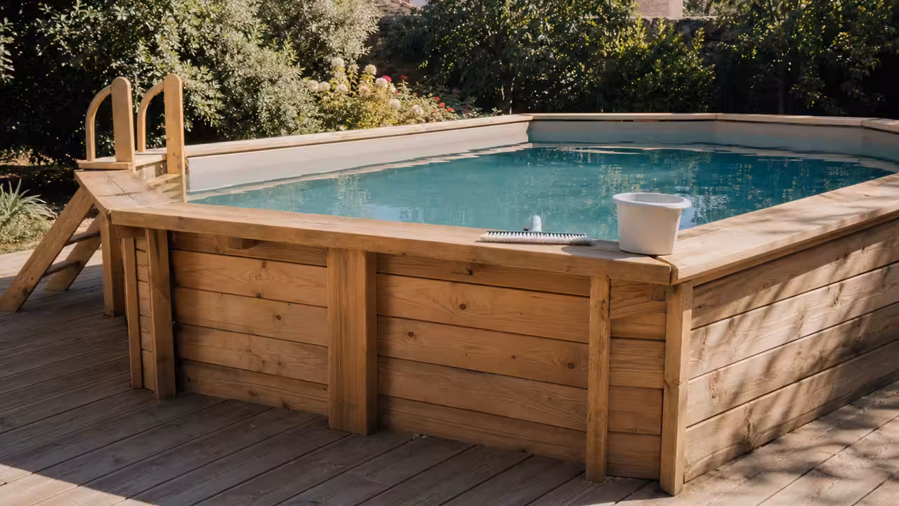 Parois et margelles d’une piscine en bois propre, entourée d’une terrasse sèche et d’un jardin arboré