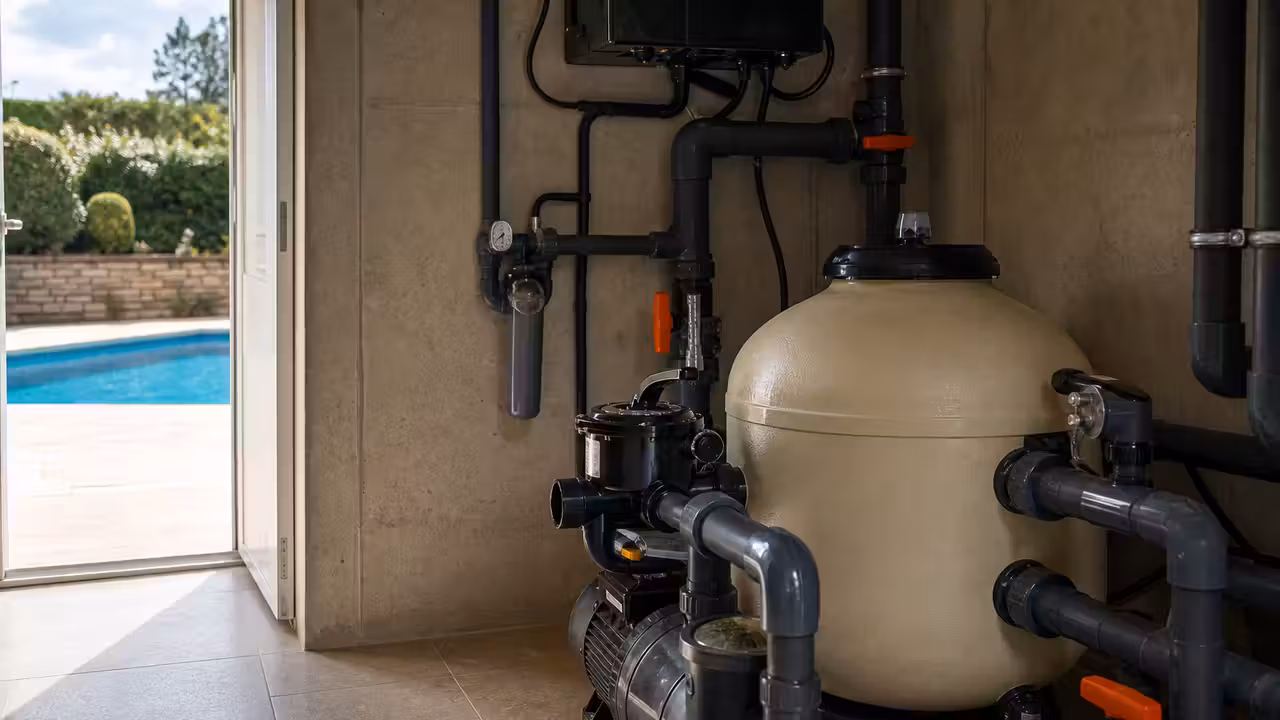 Groupe de filtration de piscine avec pompe, filtre à sable et manomètre dans un local technique propre