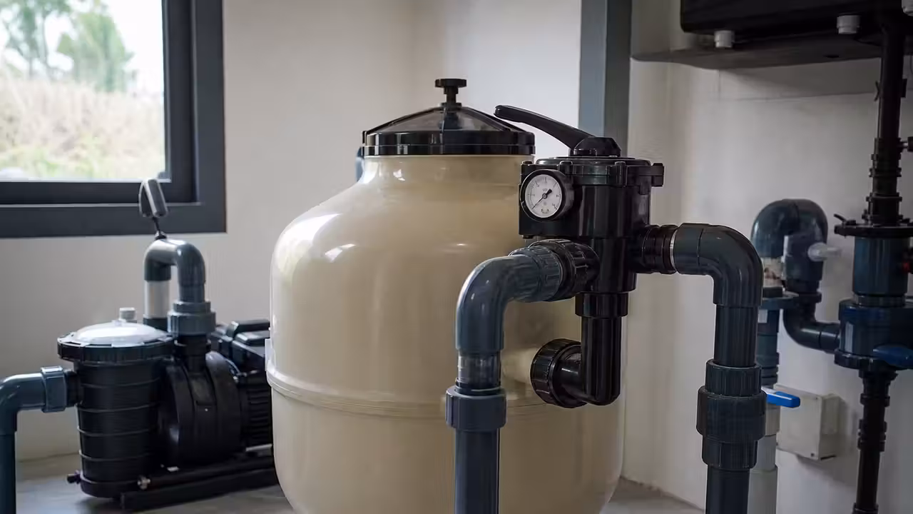 Filtre à sable de piscine avec manomètre et vanne multivoies dans un local technique propre et lumineux
