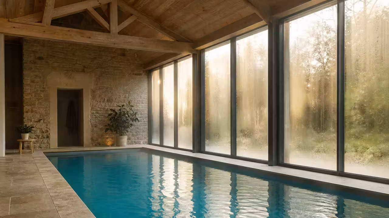 Hall de piscine intérieure avec grandes baies vitrées embuées et plan d'eau calme éclairé par la lumière du matin