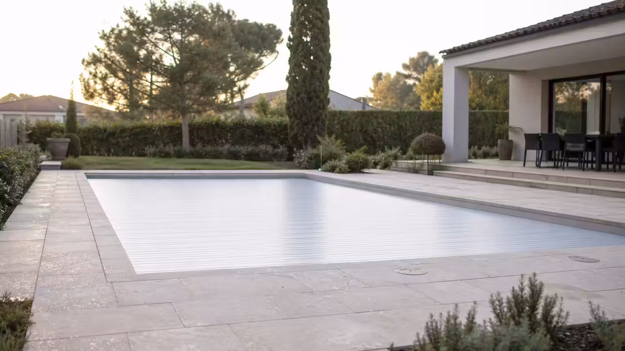 Volet roulant blanc fermé sur une piscine rectangulaire entourée de margelles en pierre claire