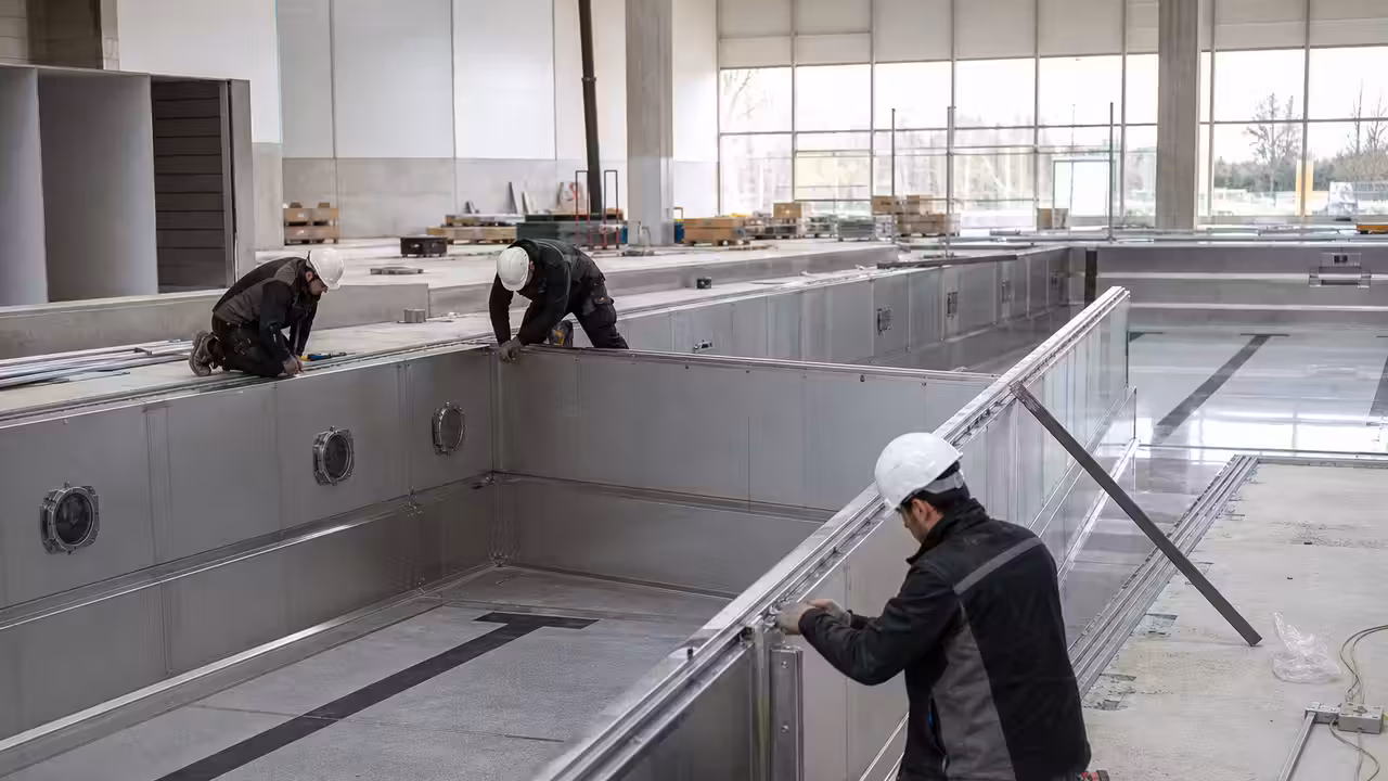Bassin de natation modulaire de 25 mètres en cours d’installation dans un équipement aquatique urbain