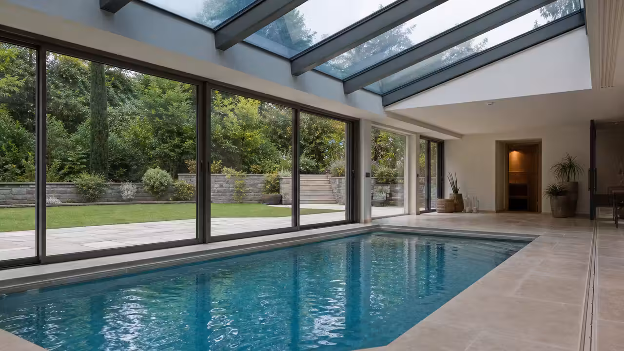 Piscine intérieure sous verrière, ouverte par de grandes baies sur une terrasse et un jardin paysager