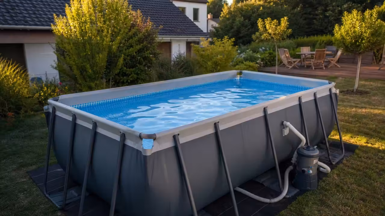 Piscine hors-sol tubulaire rectangulaire installée sur un jardin plat avec terrasse et filtration visible
