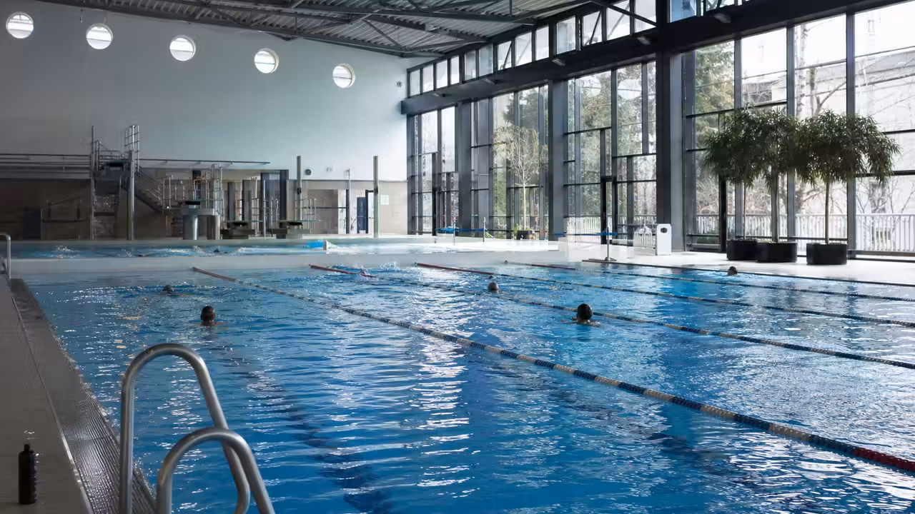 Bassin sportif de 50 mètres dans une piscine publique lumineuse, avec nageurs et lignes d’eau