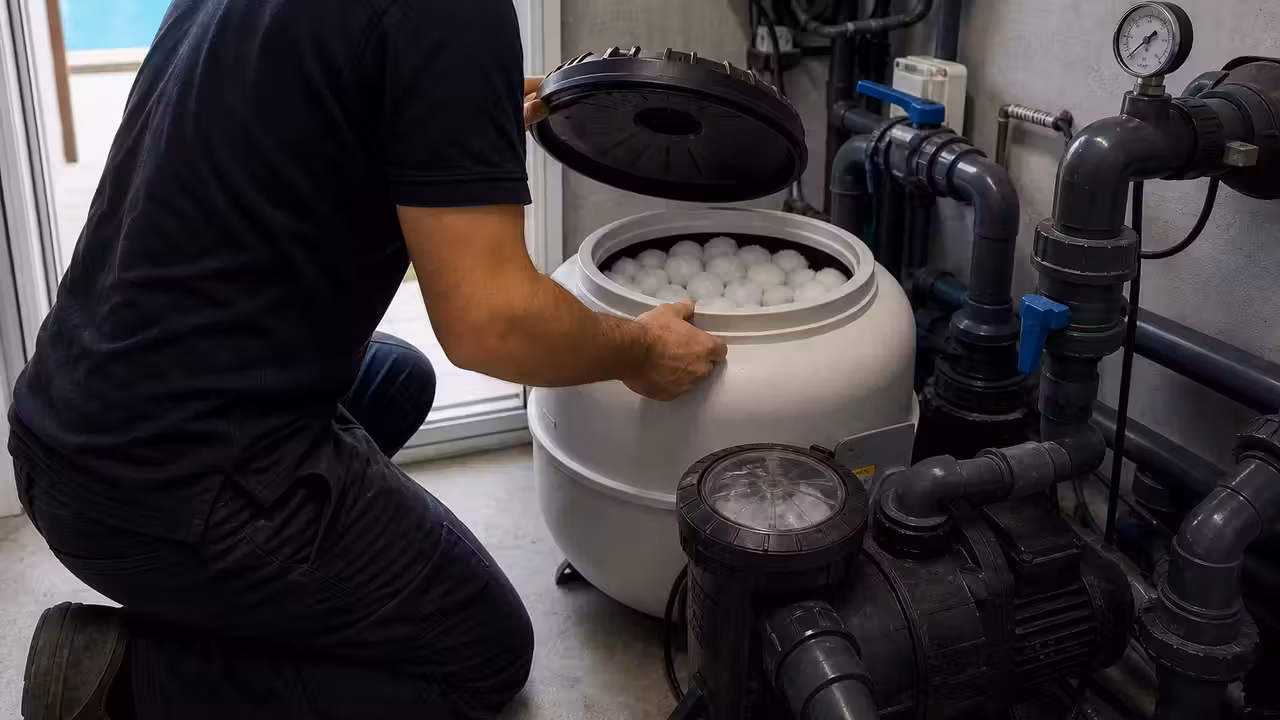 Technicien vérifiant le média filtrant d’un filtre de piscine à côté de la pompe et des vannes