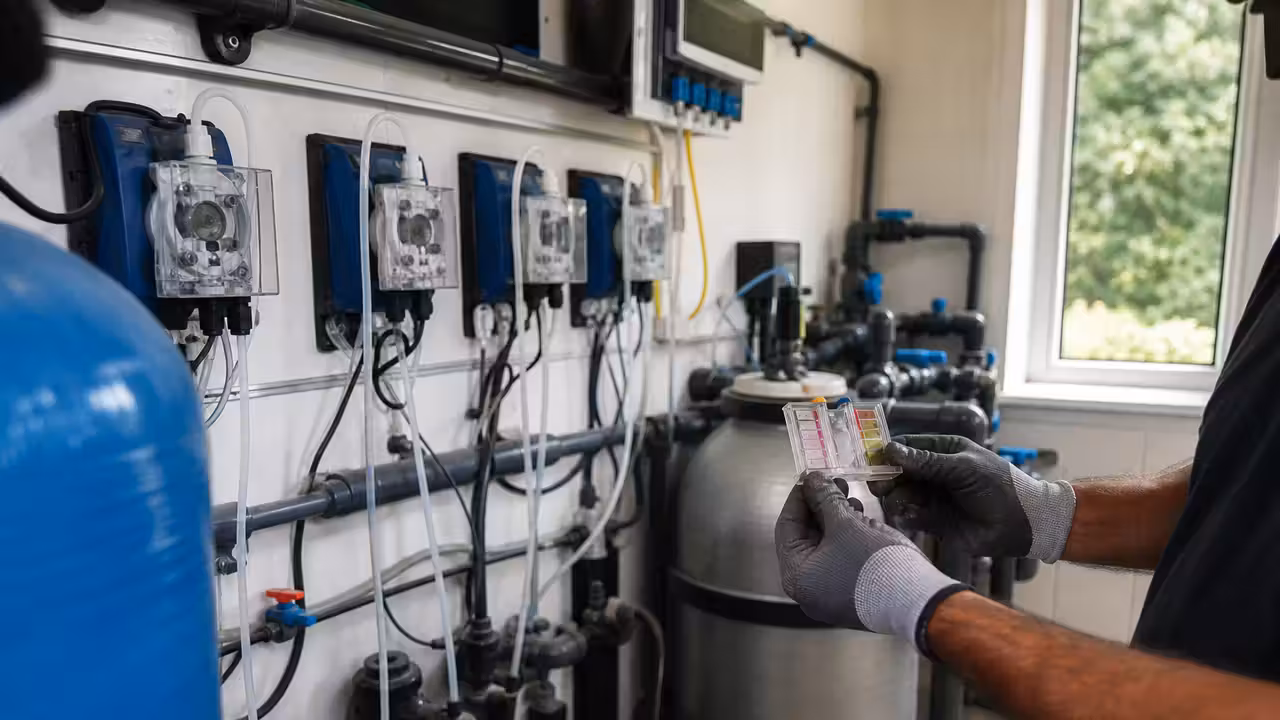 Local technique de piscine collective avec pompes doseuses et instruments de contrôle de la qualité de l’eau
