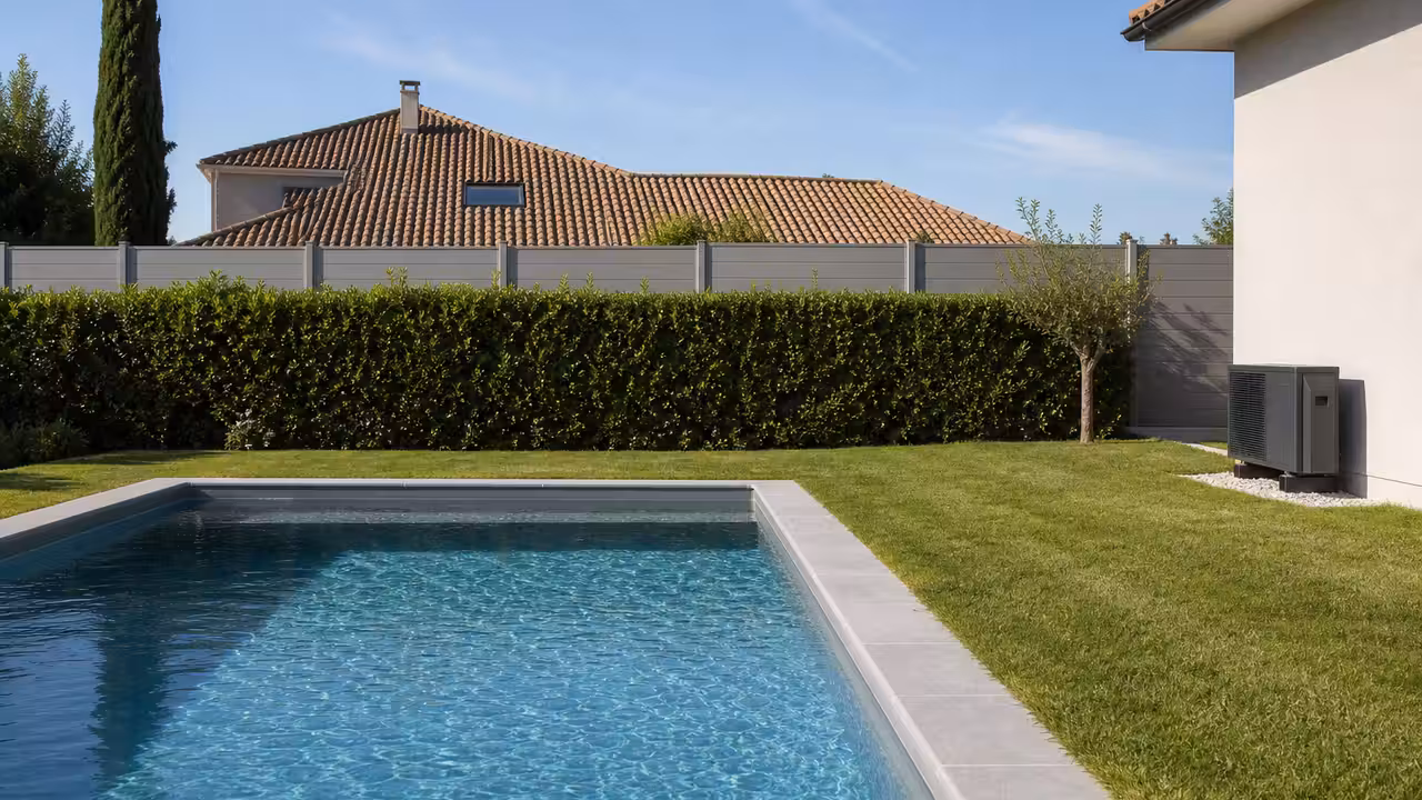 Piscine rectangulaire d’un jardin pavillonnaire séparée de la parcelle voisine par une clôture et une haie taillée