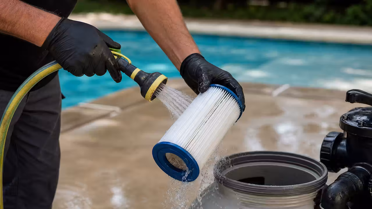 Nettoyage soigneux d’une cartouche de filtre de piscine au tuyau d’arrosage, avec rinçage des plis