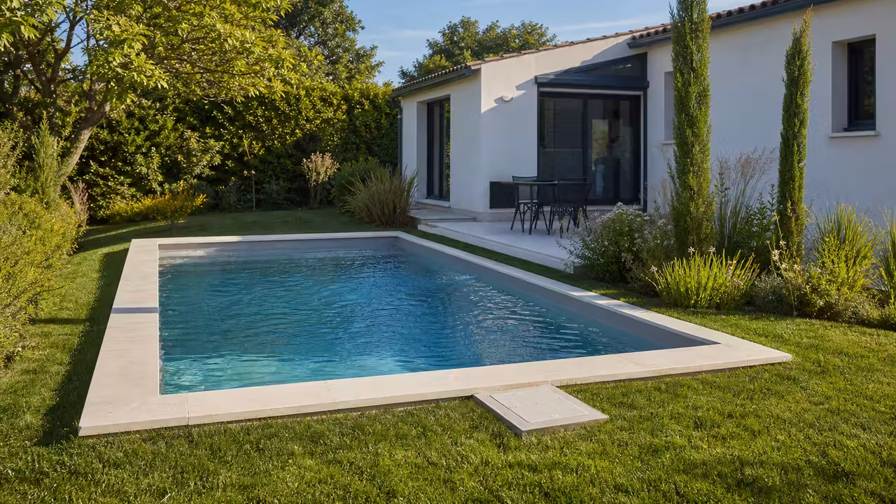 Piscine enterrée rectangulaire achevée près d’une extension contemporaine dans un jardin résidentiel