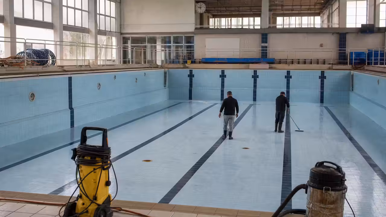 Bassin intérieur vide pendant une opération de nettoyage et de maintenance dans une piscine municipale