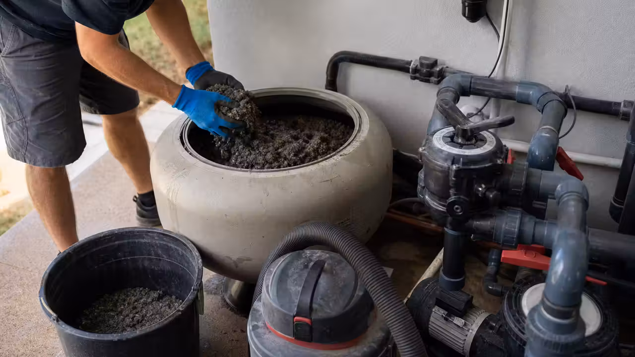 Technicien vidant avec précaution le média filtrant d’une cuve de filtre à sable de piscine