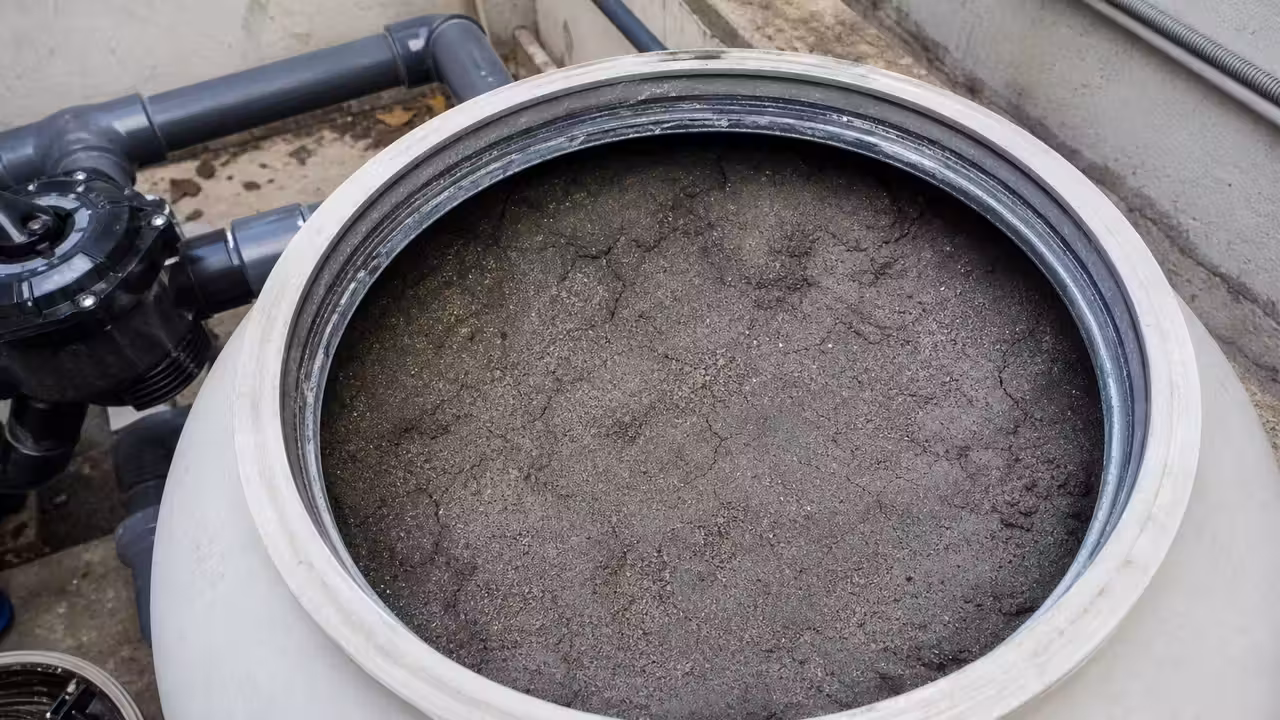 Filtre à sable de piscine ouvert avec le média filtrant visible, montrant une surface irrégulière et compacte