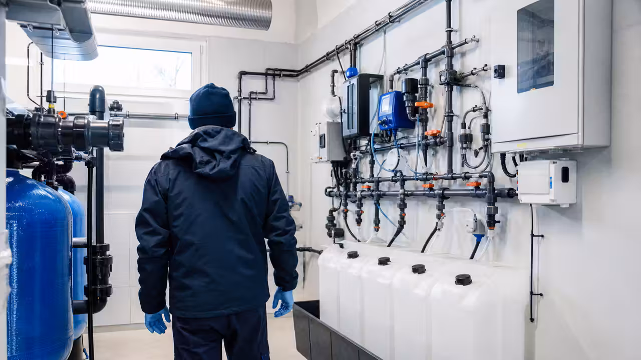 Local technique d’une piscine publique avec conduites de traitement et équipement de ventilation sécurisé