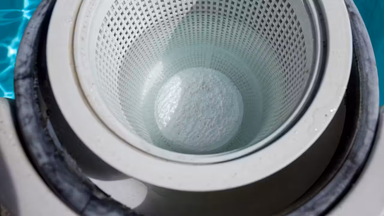 Galet de chlore blanc partiellement dissous posé dans le panier ouvert d'un skimmer de piscine