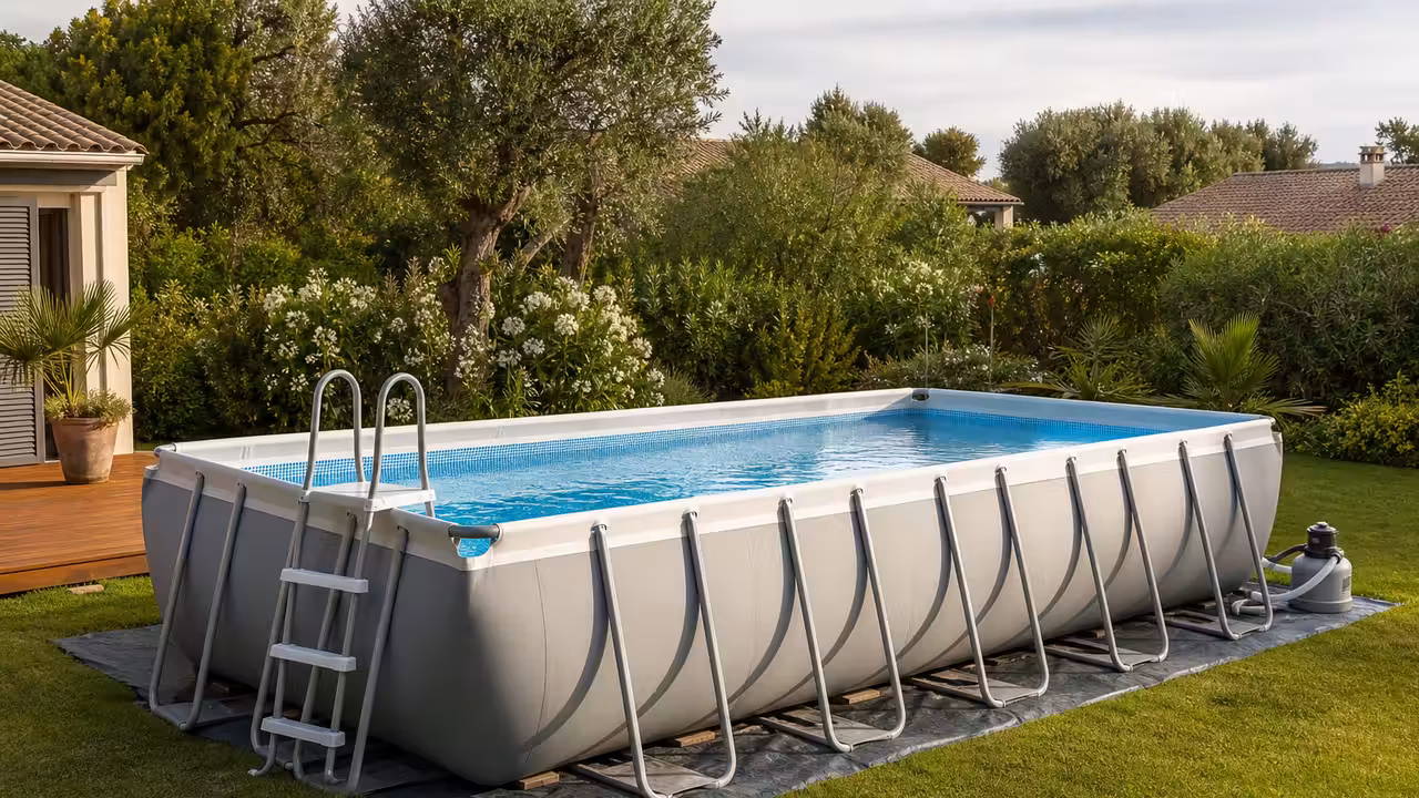Grande piscine tubulaire rectangulaire installée sur un jardin plat, avec filtration et espace de circulation