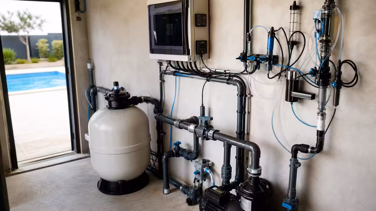 Local technique de piscine équipé d’un coffret connecté, de sondes et d’un filtre à sable en fonctionnement