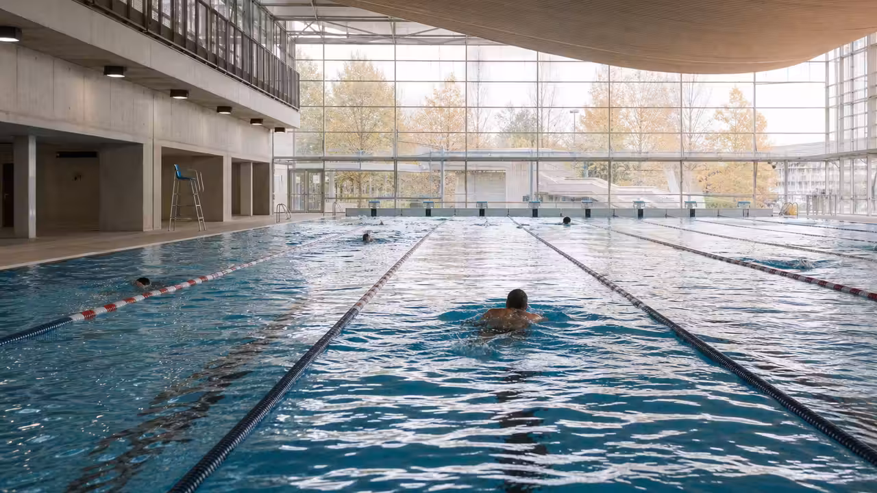Bassin sportif intérieur de 50 mètres avec lignes d’eau, baies vitrées et nageurs vus de dos
