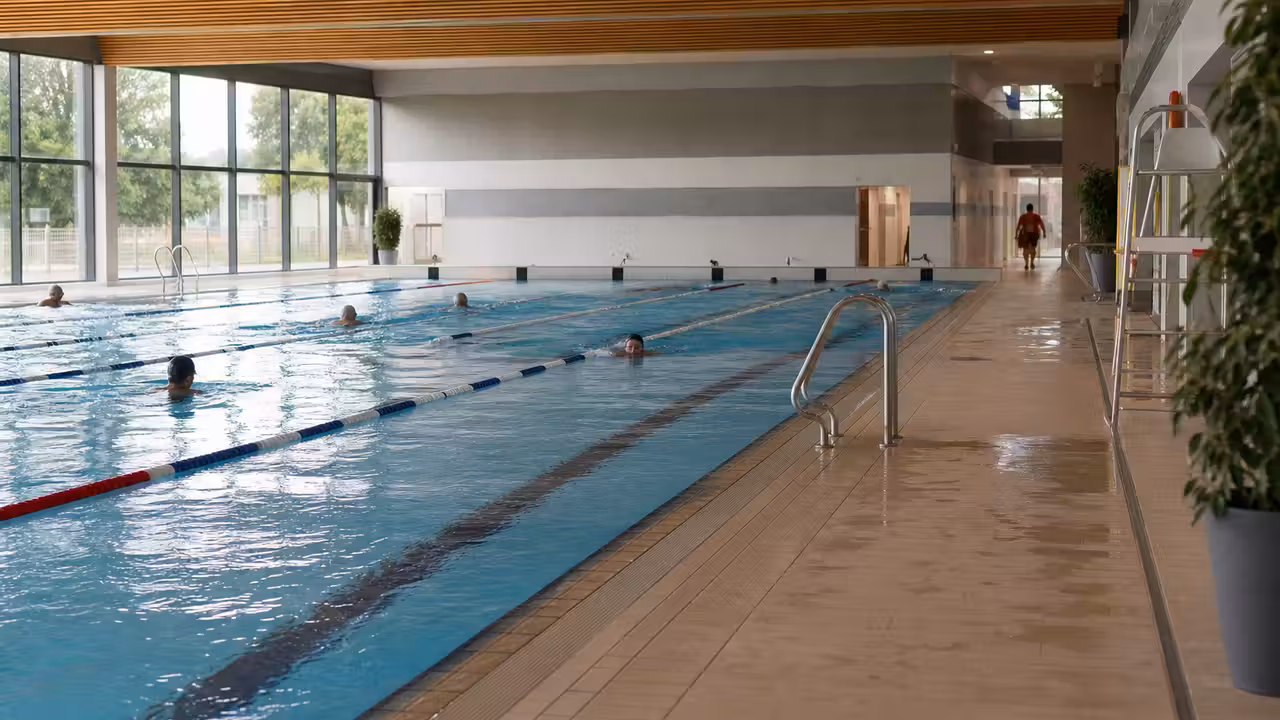 Bassin intérieur rénové d’une piscine municipale avec lignes d’eau, vestiaires vitrés et nageurs en arrière-plan