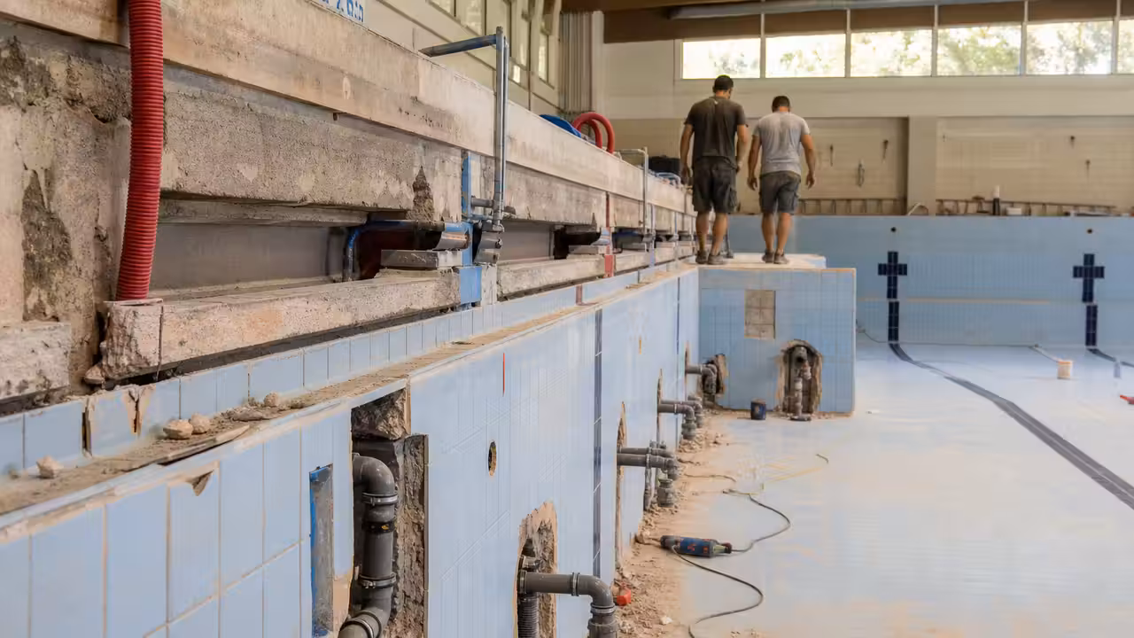 Bassin intérieur en rénovation avec réseaux techniques apparents et lumière naturelle venant des baies vitrées