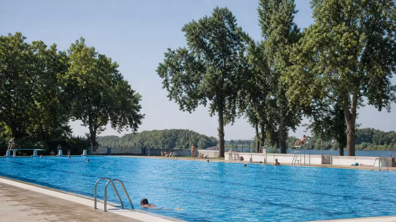 Bassin extérieur de 25 mètres de la piscine du Lac de Loire à Vineuil, bordé d’arbres en été