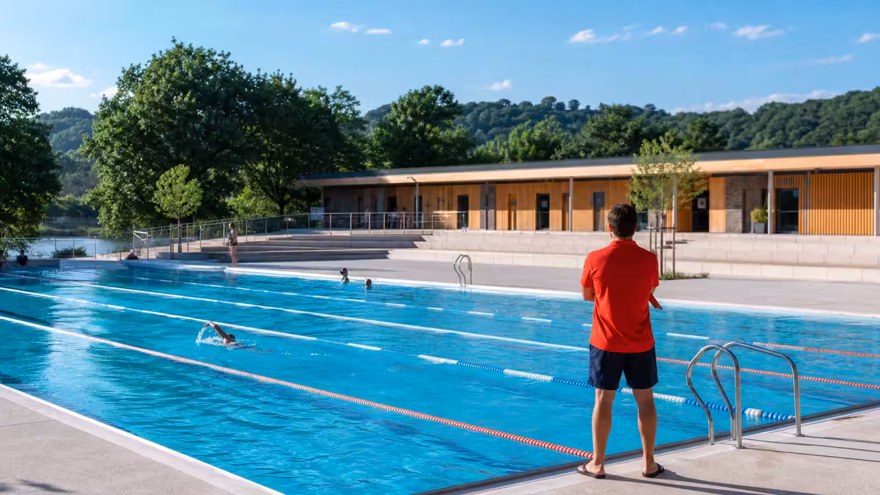 Bassin extérieur d’une piscine publique entouré de verdure, avec lignes de nage et plage aménagée