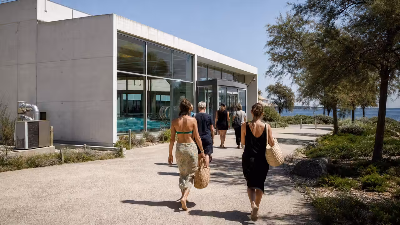 Vue extérieure d’une piscine municipale avec bassin couvert, baies vitrées et équipements techniques en arrière-plan