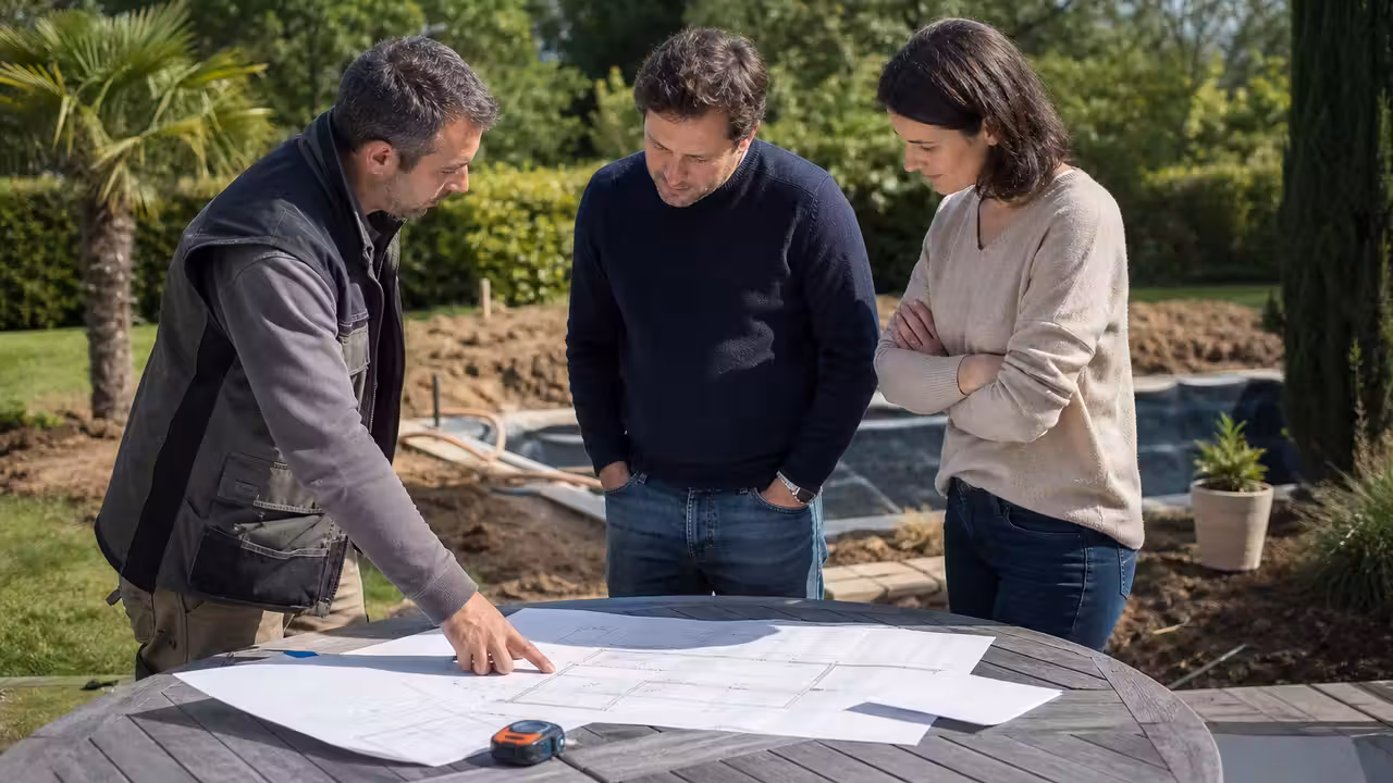 Professionnel de la piscine échangeant avec un couple devant les plans d'un projet de bassin dans un jardin