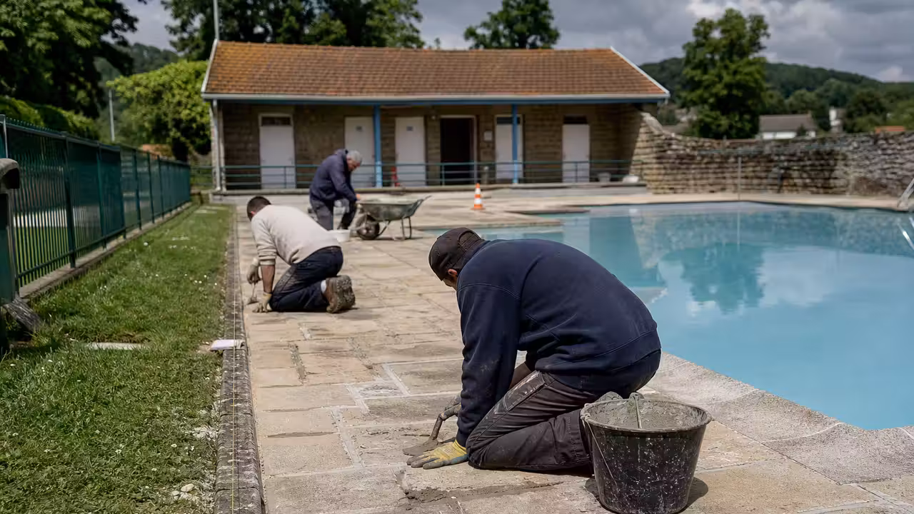 Bénévoles réparant les joints de pavés autour d’un bassin extérieur avant la réouverture estivale