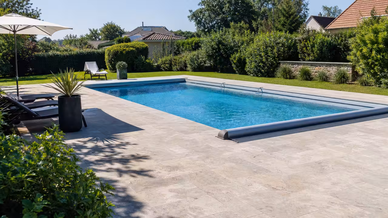 Piscine enterrée contemporaine dans un jardin résidentiel, vue aérienne partielle avec terrasse et végétation