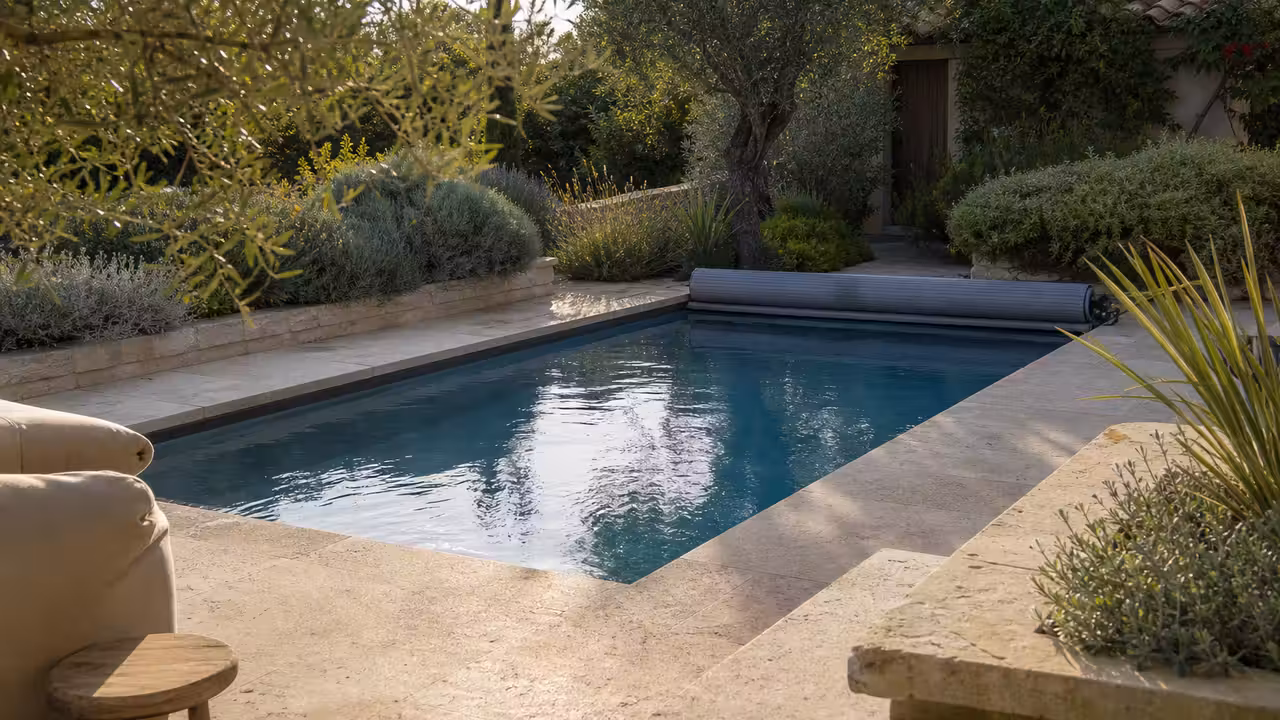 Mini-piscine rectangulaire intégrée à une petite terrasse minérale dans un jardin méditerranéen