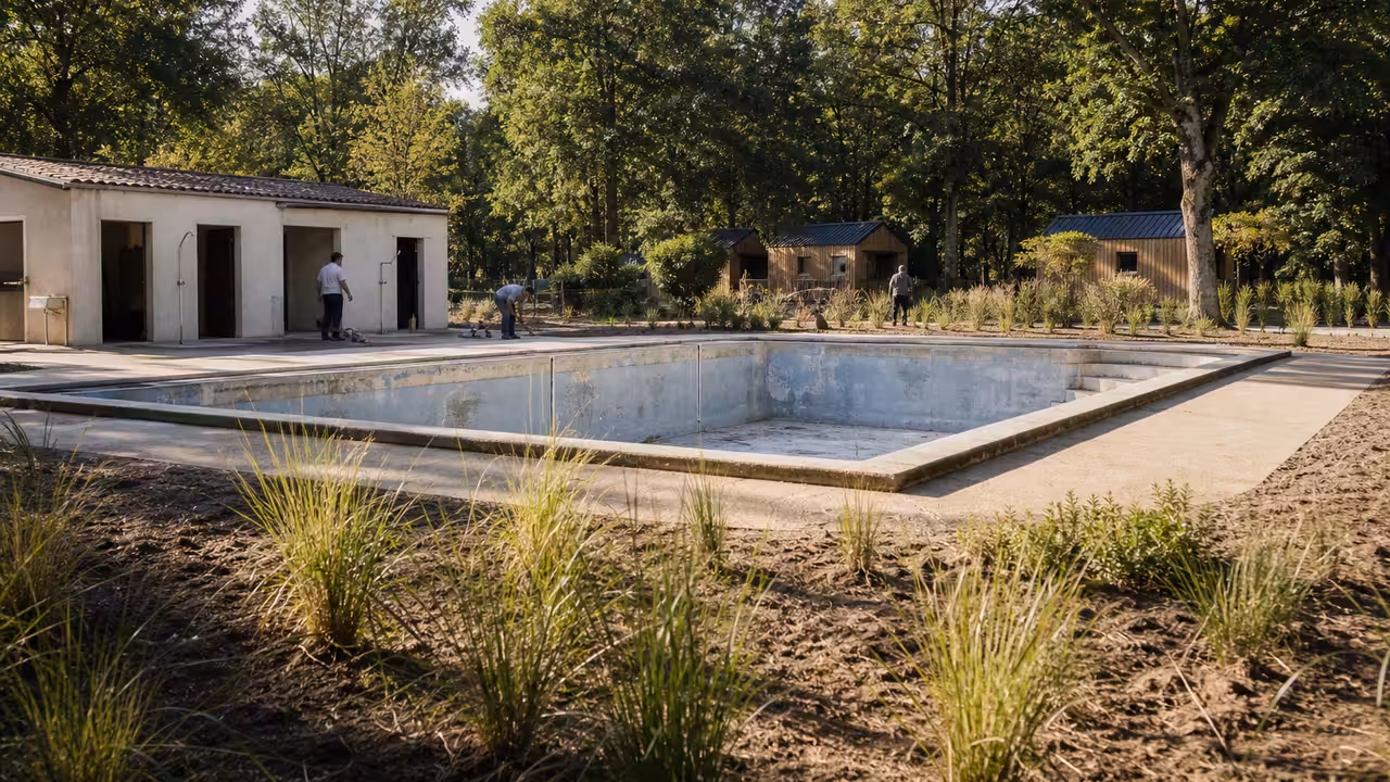 Anciens vestiaires de piscine réaménagés en hébergements en bois dans un environnement verdoyant