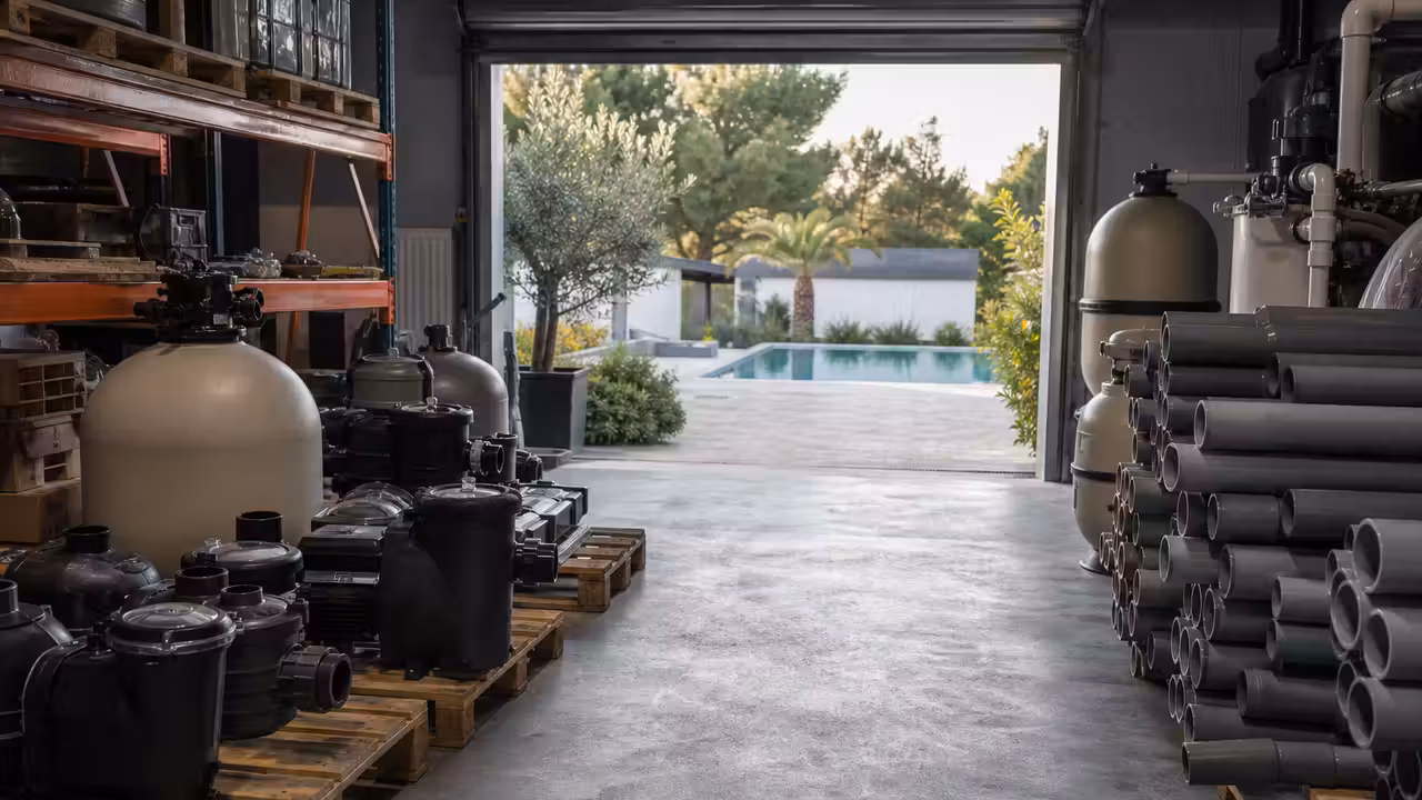 Piscine résidentielle en chantier avec local technique et équipements de filtration prêts à être installés
