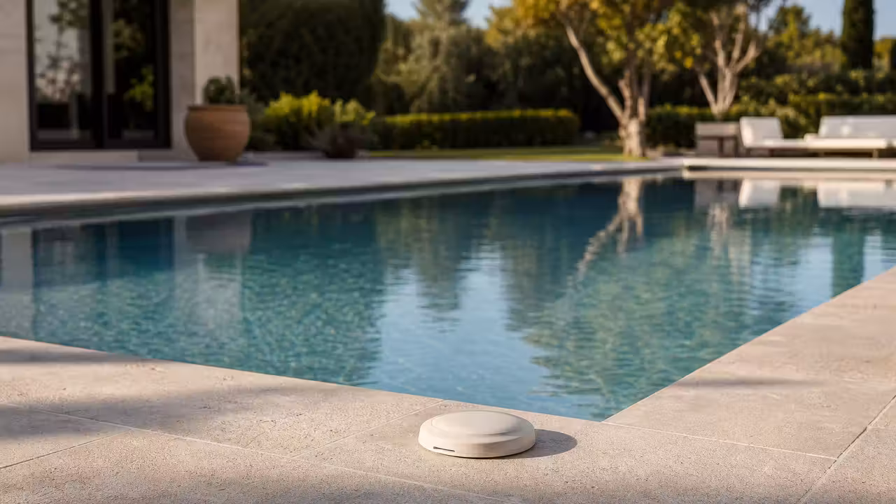 Alarme d’immersion discrète installée sur la margelle d’une piscine privée entourée d’une terrasse.